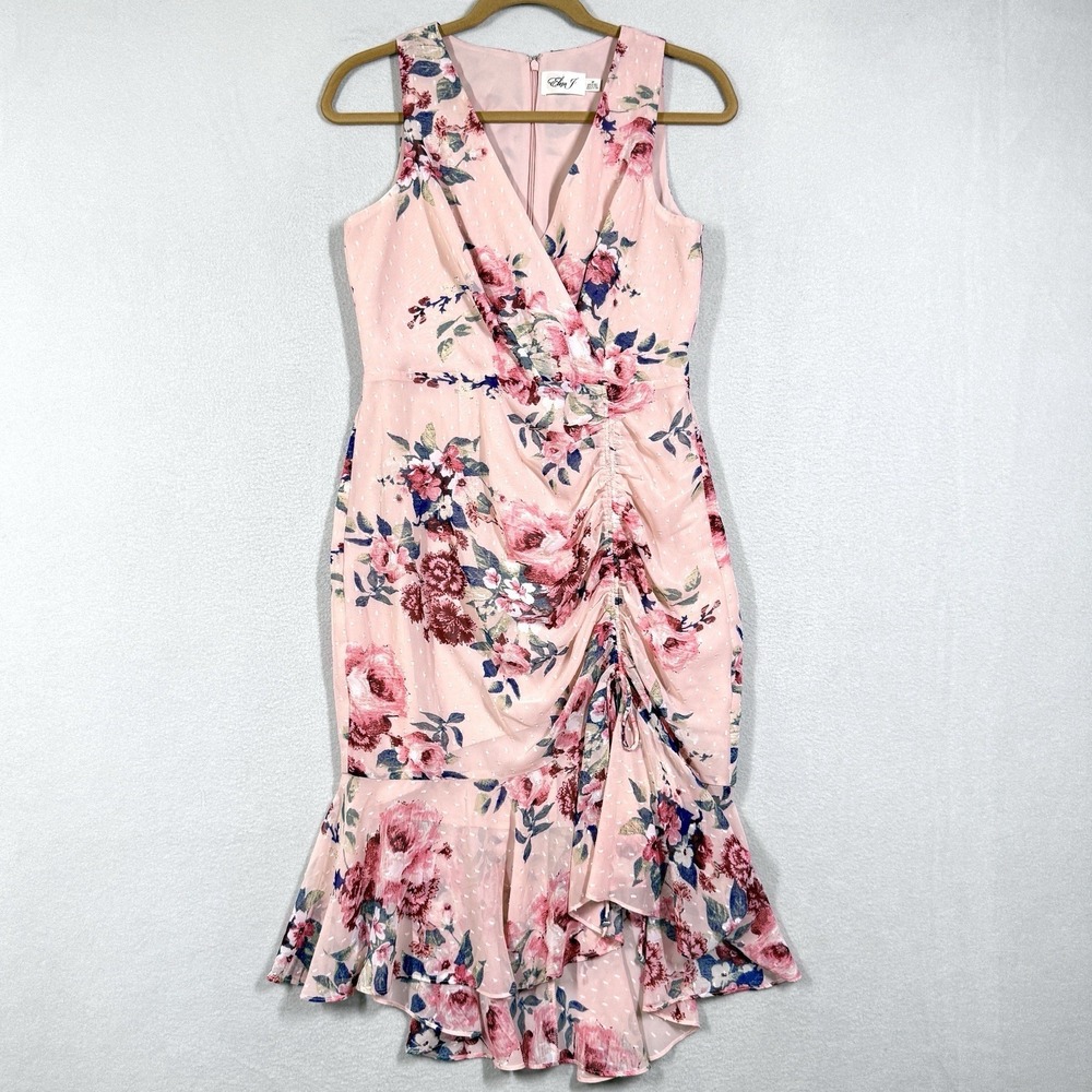 Eliza J Dress Womens 8 Petite Sleeveless Floral Ruched Chiffon‎ Faux Wrap Blush